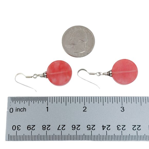 Vintage Sterling Silver 925 Pink Glass Disk Bead Dangle Earrings - Picture 3 of 4